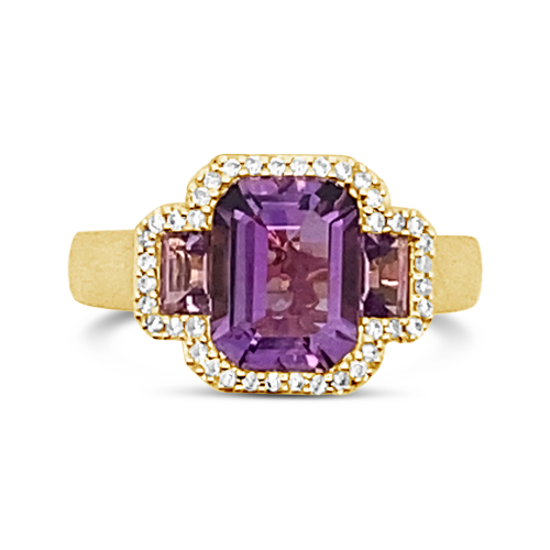 Three Amethysts & Diamond Ring