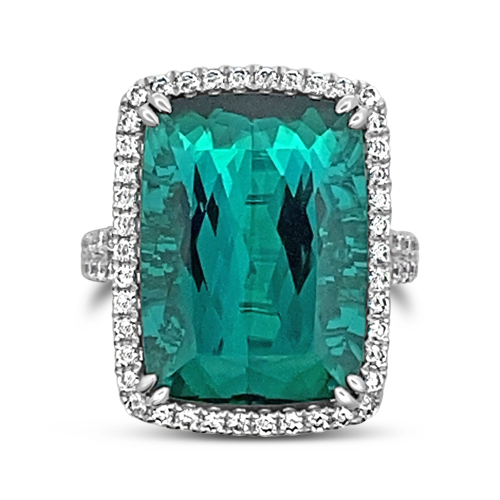 Blue Green Tourmaline & Diamond Ring