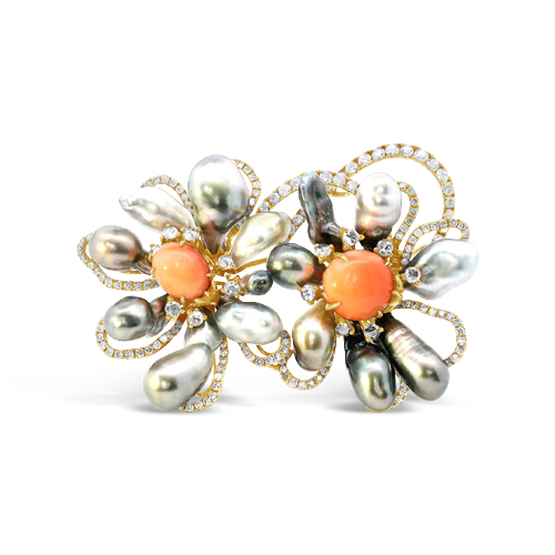 Pearl, Diamond & Angel Skin Coral Earrings & Pin Set