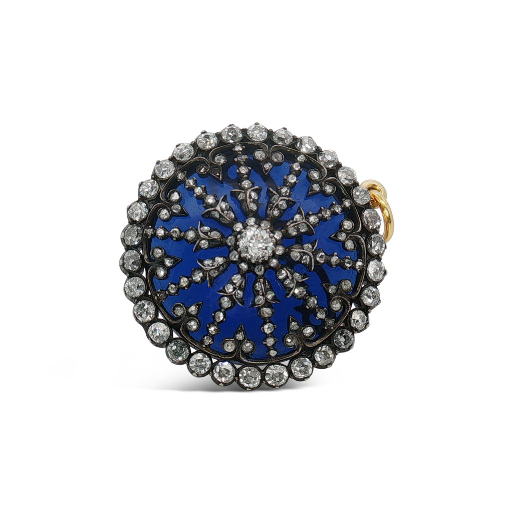 Antique Diamond on Cobalt Blue Glass Earrings & Pin/Pendant Suite