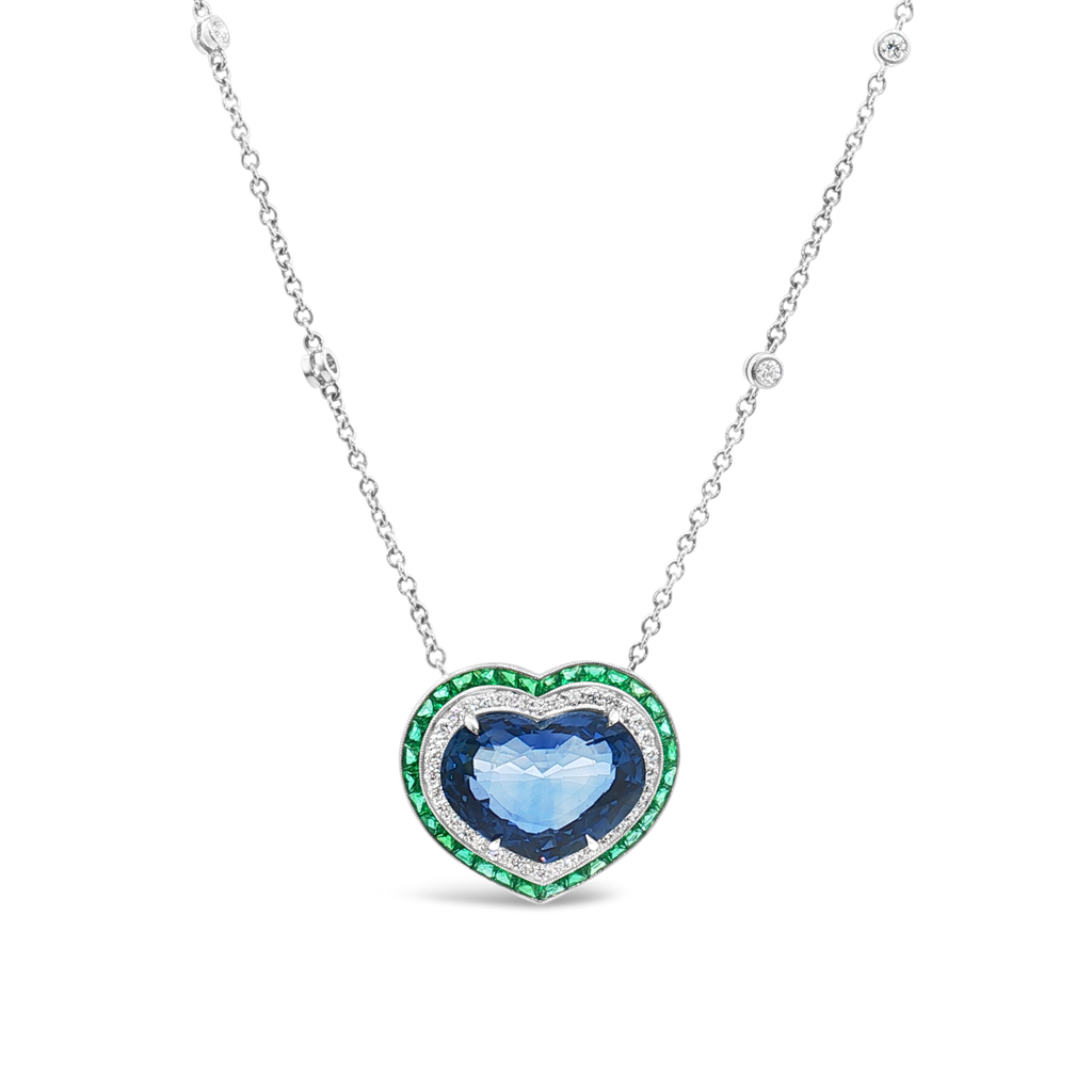 Heart Sapphire, Diamond & Emerald Pendant