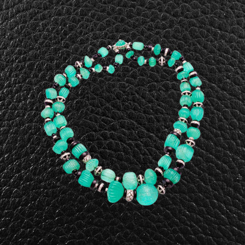 Carved Emerald & Onyx Bead Necklace with Diamonds