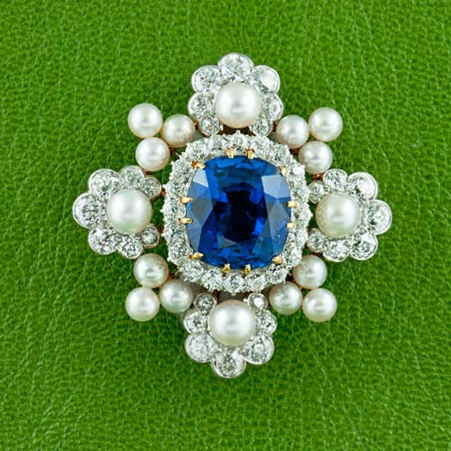 Sapphire, Diamond & Pearl Estate Pin