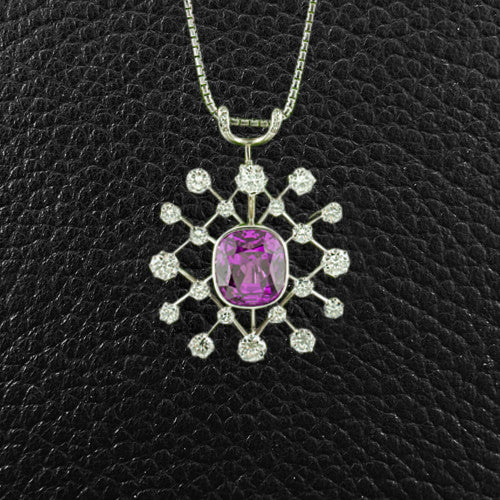 Cushion cut Pink Sapphire & Diamond Pendant/Pin