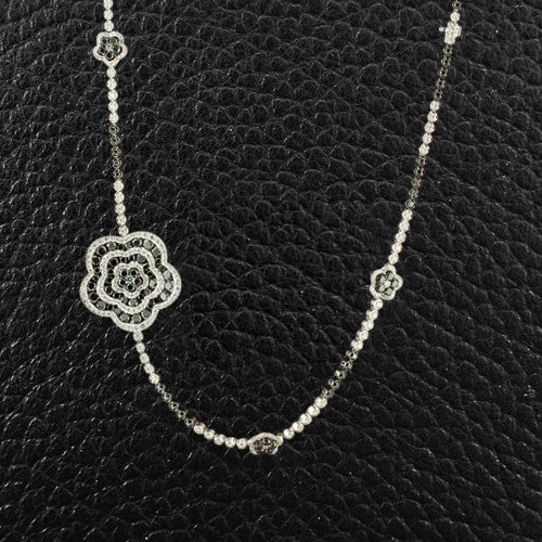 Black & White Diamond Long Necklace with Flower