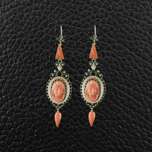 Carved Red Coral Antique Earrings