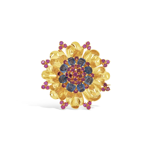 Sapphire & Ruby Flower Estate Pin