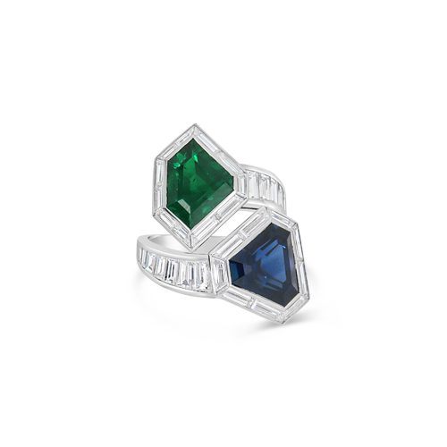 Emerald, Sapphire & Diamond Bypass Ring