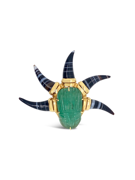 Carved Emerald & Banded Agate Estate Pin