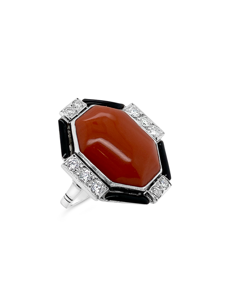 Coral & Onxy Deco Style Estate Ring