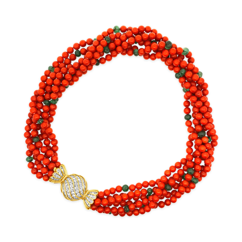 Bulgari Coral & Emerald Bead Necklace