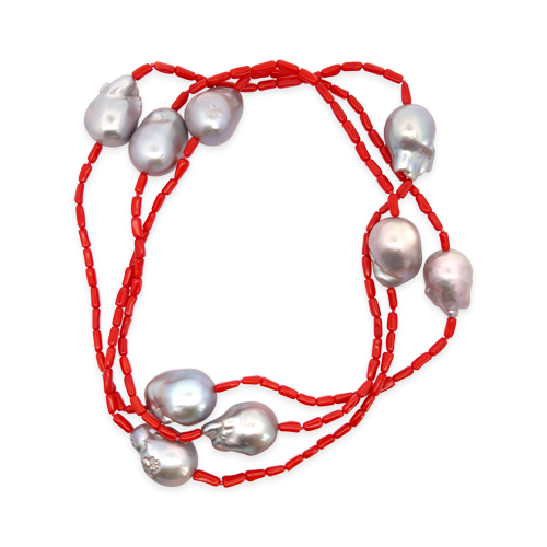 Gray Baroque Pearl & Coral Bead Necklace