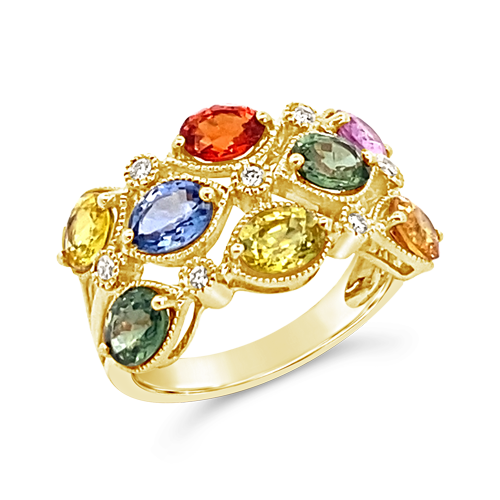 Three Row Rainbow Sapphire Ring