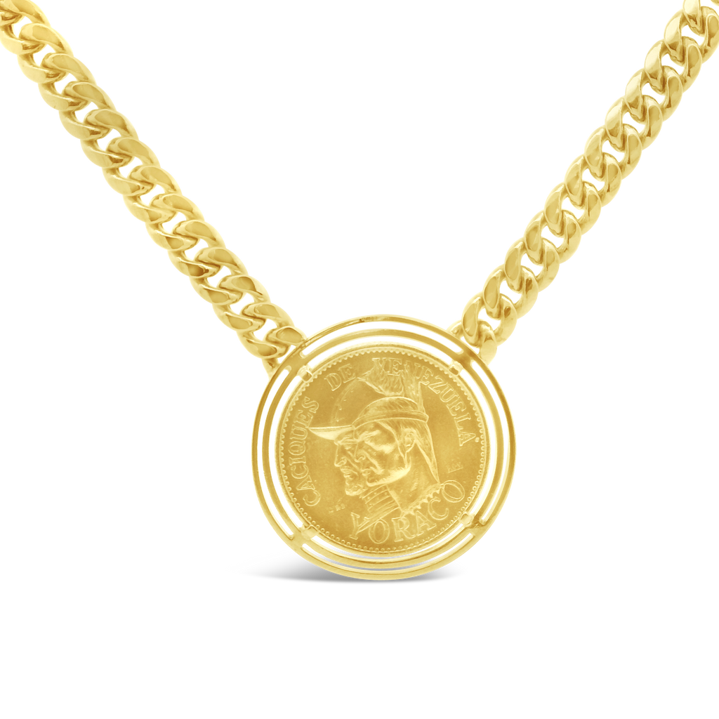 Gold Coin Necklace with Miami Curb Link Chain