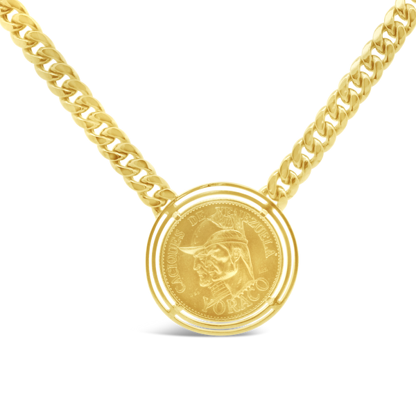 Gold Coin Necklace with Miami Curb Link Chain