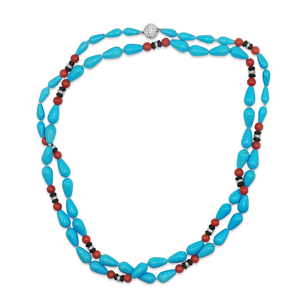 Turquoise, Coral, Onyx & Diamond Necklace