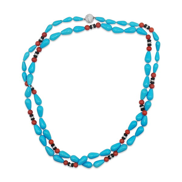Turquoise, Coral, Onyx & Diamond Necklace