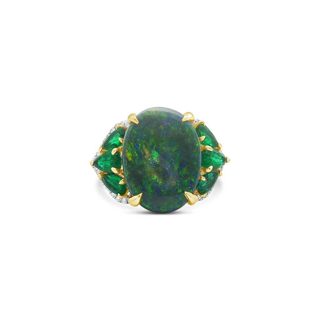Black Opal, Emerald & Diamond Ring