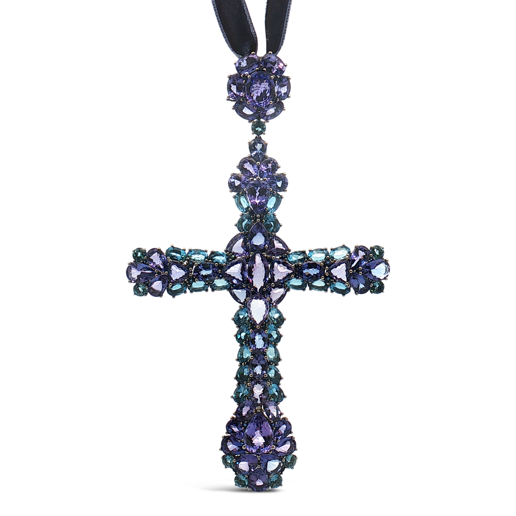 Aquamarine, Tanzanite & Sapphire Cross Necklace