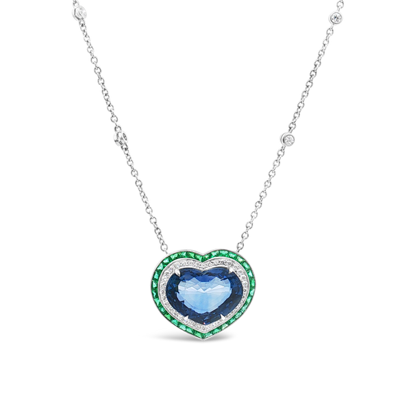Heart Sapphire, Diamond & Emerald Pendant