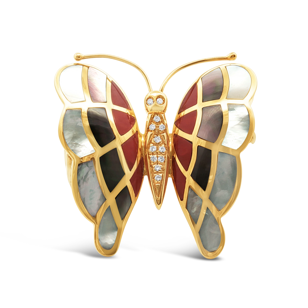 Coral, Shell & Diamond Butterfly Pin