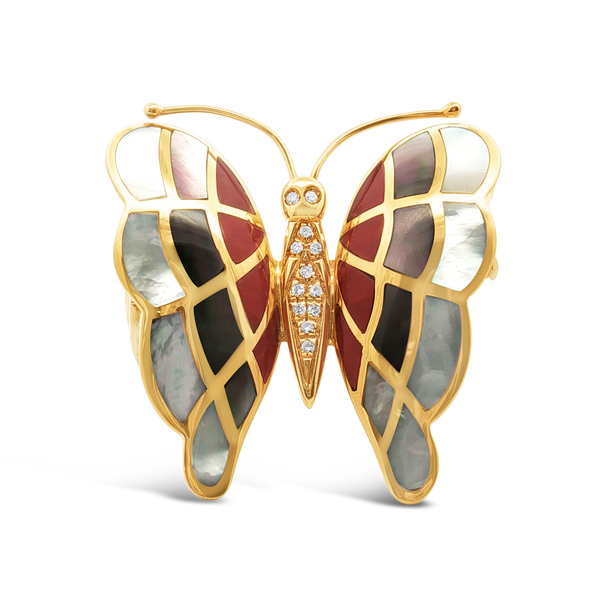 Coral, Shell & Diamond Butterfly Pin