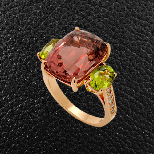 Pink Tourmaline, Peridot & Diamond Ring