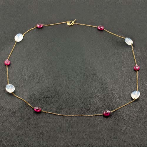 Moonstone & Rubellite Bead Necklace