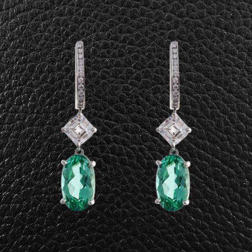 Blue-Green Tourmaline & Diamond Drop Earrings