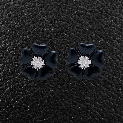 Black Agate & Diamond Flower Earrings