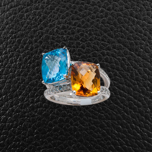 Blue Topaz, Citrine & Diamond Bypass Ring