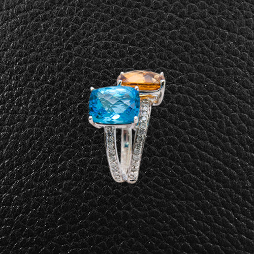 Citrine Blue Topaz Channel Set Two Stone ring - 14K Yellow Gold |JewelsForMe