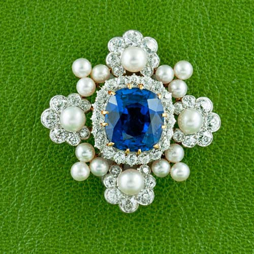 Sapphire, Diamond & Pearl Estate Pin