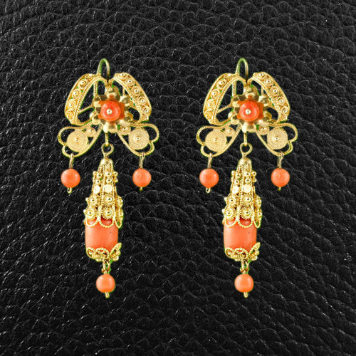 Red Coral & Gold Filigree Estate Earrings
