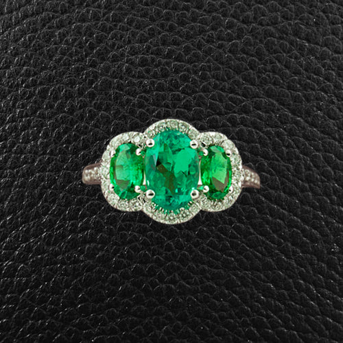 Three Oval Emerald Ring with Diamonds