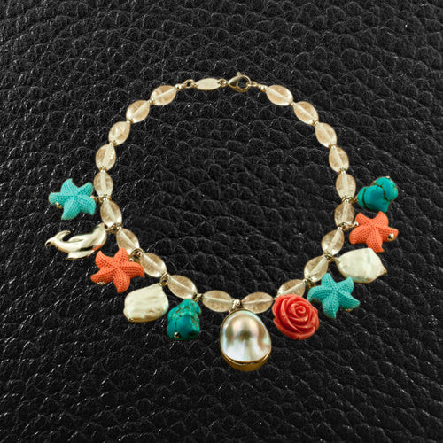 Coral, Turquoise, Crystal, Pearl & Sterling Silver