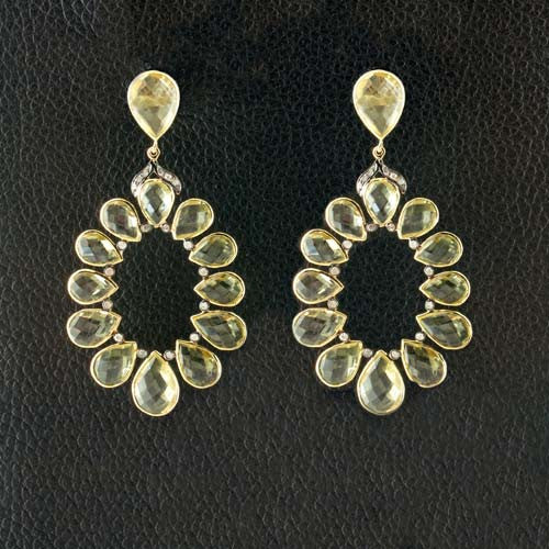 Lemon Quartz & Diamond Dangle Earrings