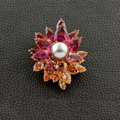 Pearl & Tourmaline Flower Brooch