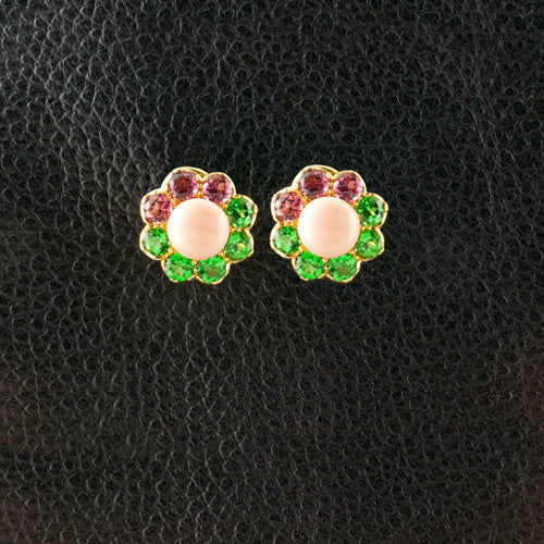 Coral, Pink Tourmaline & Green Garnet Flower Earrings