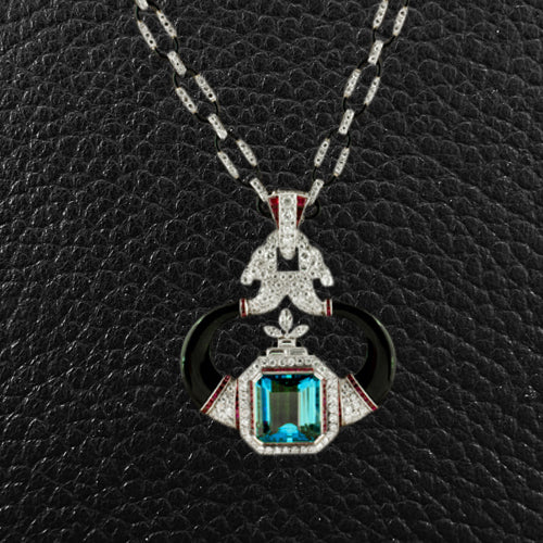 Aquamarine, Diamond, Onyx & Ruby Necklace