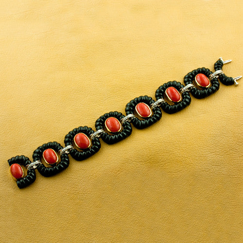 Coral, Onyx & Diamond Bracelet