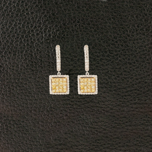 Yellow & White Diamond Square Drop Earrings