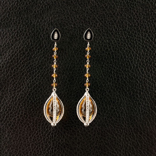 Citrine, Onyx & Diamond Dangle Earrings