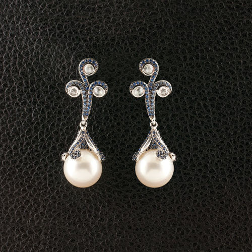 Pearl, Sapphire & Diamond Dangle Earrings