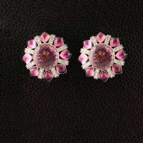 Pink Tourmaline & Diamond Button Estate Earrings