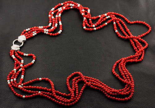 Coral Bead, Pearl & Diamond Necklace