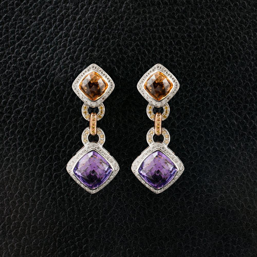 Amethyst, Citrine & Diamond Dangle Earrings