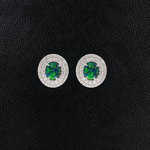 Black Opal Earrings with Double Diamond Halos
