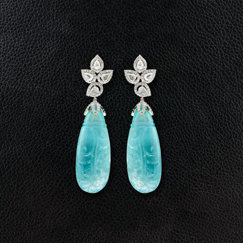 Carved Aquamarine & Diamond Dangle Earrings