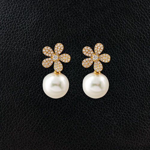 Diamond Flower Earrings with Pearl Drop